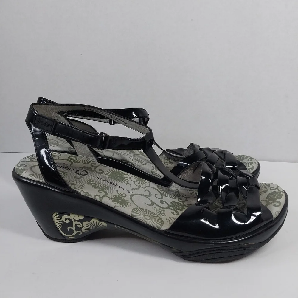 Jambu Sport Wedge Camden Size 9 M Glossy Black T-Strap Sandals Shoes - Picture 6 of 13